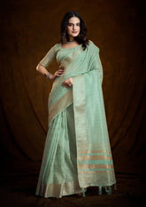 Indo Silk Mint Green Sarees Crafted With A Blend Of Linen And Silk Offer A Unique Combination Of Texture And Elegance
