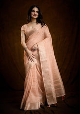 Indo Silk Peach Sarees Crafted With A Blend Of Linen And Silk Offer A Unique Combination Of Texture And Elegance