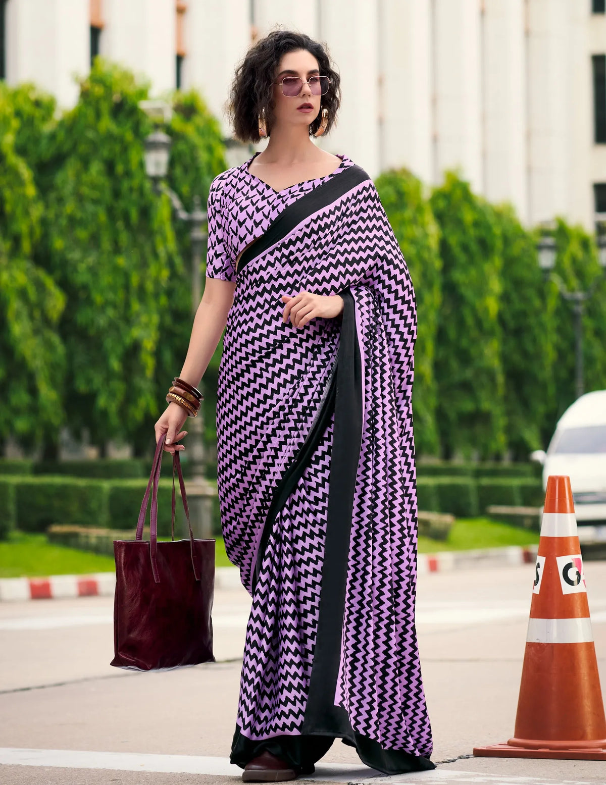 Purple color Japan Satin Digital Printed Saree