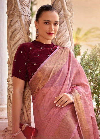 Dark pink linen saree with golden zari border - indosilk