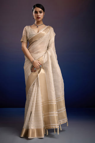 Indo Silk White Sarees Crafted With A Blend Of Linen And Silk Offer A Unique Combination Of Texture And Elegance