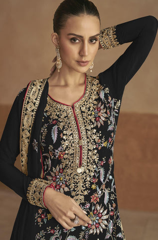 Black Color Real Chinon Embroidered Pakistani Suit