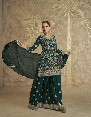 Peacock Green Color Real Chinon Embroidered Sharara Suit