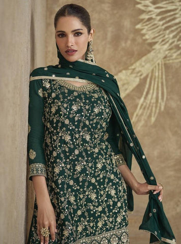 Peacock Green Color Real Chinon Embroidered Sharara Suit