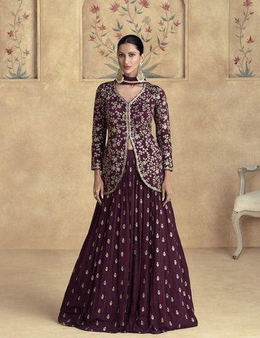 Wine Color Chinnon Silk Designer Lehenga