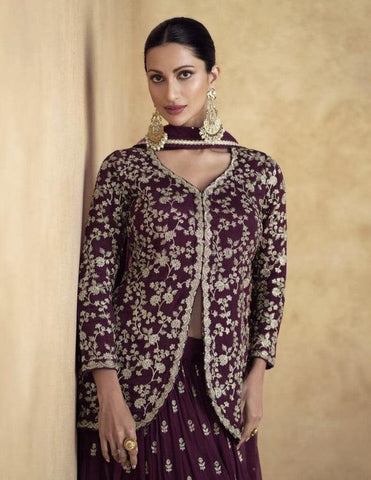 Wine Color Chinnon Silk Designer Lehenga