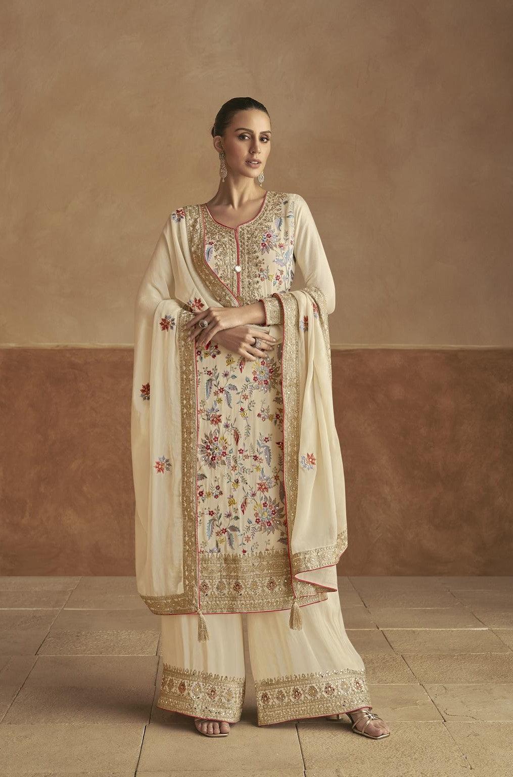 Cream Color Real Chinon Embroidered Pakistani Suit