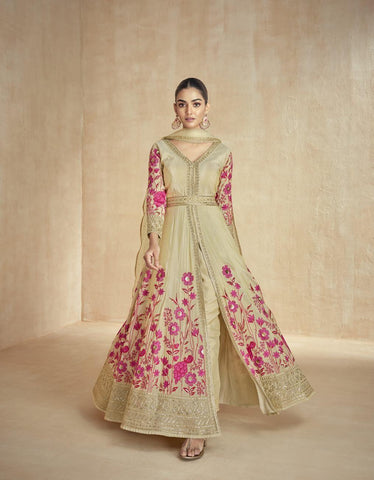 Beige Color Premium Silk Embroidered Designer Suit