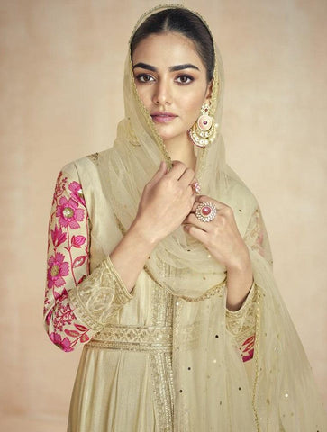 Beige Color Premium Silk Embroidered Designer Suit