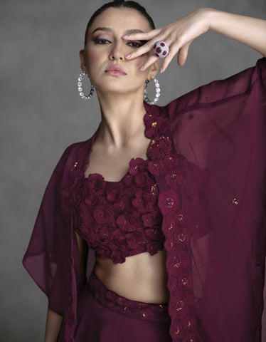 Wine Color Organza Silk Lehenga