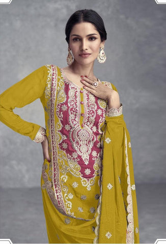 Yellow Color Real Chinon Pakistani Suit