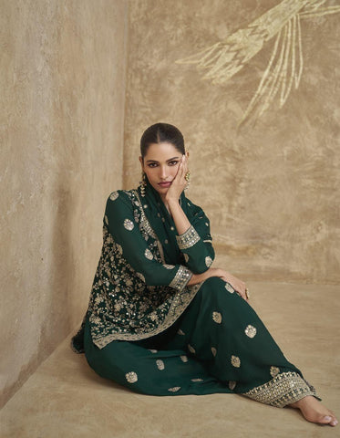 Peacock Green Color Real Chinon Embroidered Sharara Suit