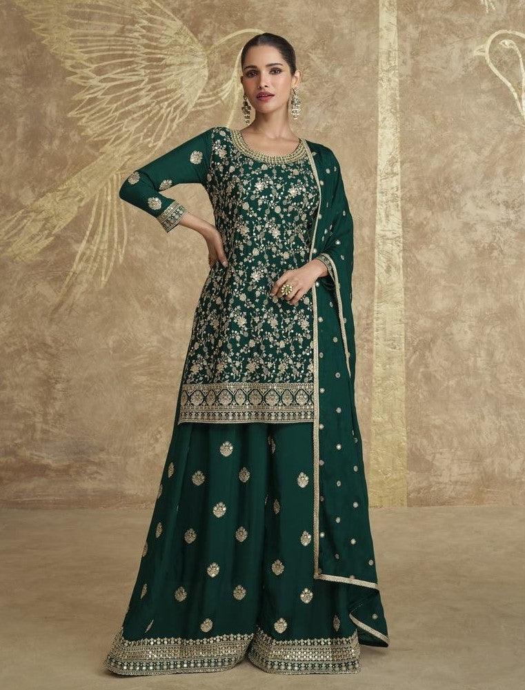 Peacock Green Color Real Chinon Embroidered Sharara Suit