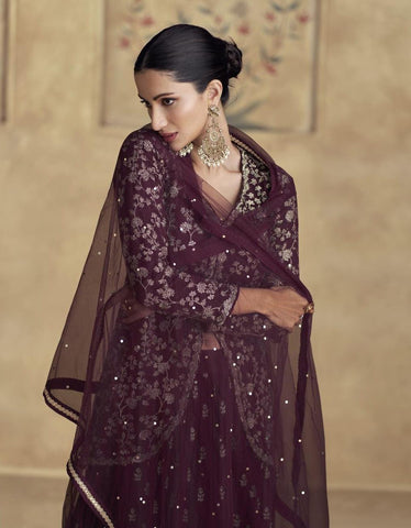 Wine Color Chinnon Silk Designer Lehenga