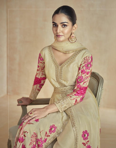 Beige Color Premium Silk Embroidered Designer Suit