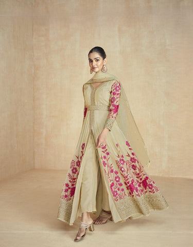 Beige Color Premium Silk Embroidered Designer Suit