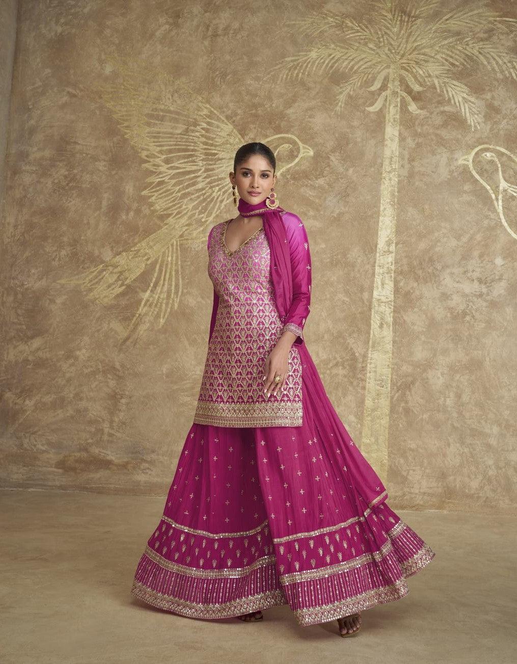 Magenta Color Real Chinon Embroidered Sharara Suit