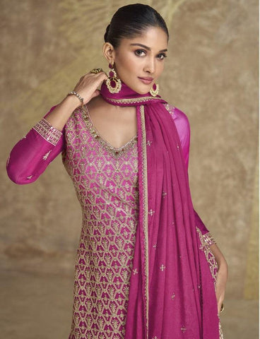 Magenta Color Real Chinon Embroidered Sharara Suit