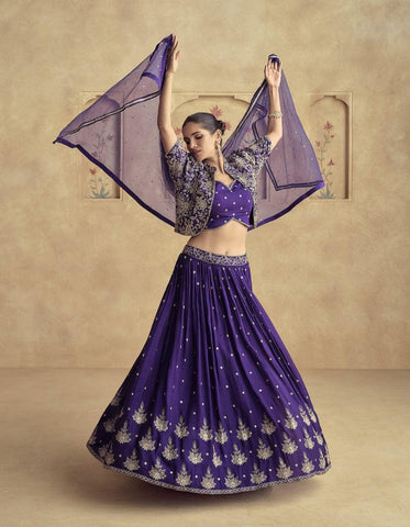 Blue Color Chinnon Silk Designer Lehenga