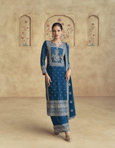 Peacock Blue Color Premium Chinon Silk Designer Suit