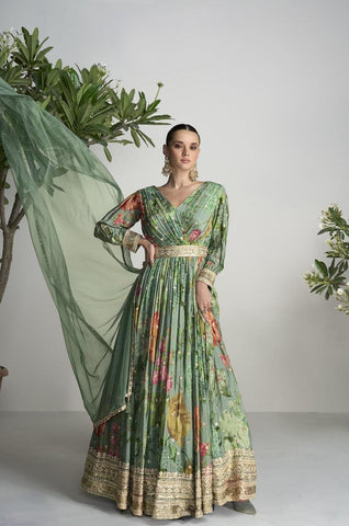 Green Color Real Chinon & Natural Creap Digital Print Dress