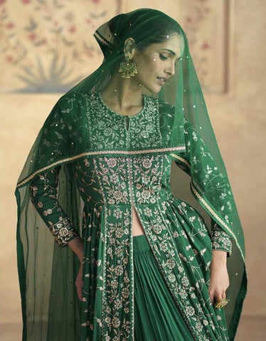 Green Color Chinnon Silk Designer Lehenga