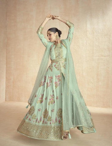 Sea Blue Color Premium Silk Embroidered Designer Suit