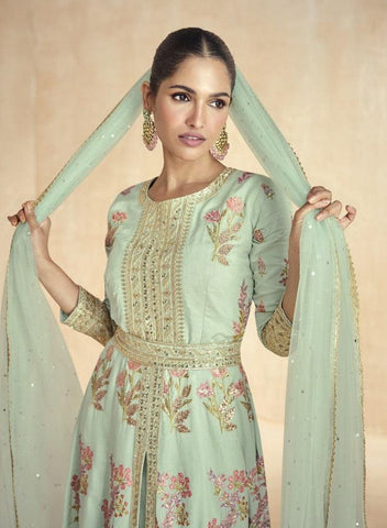 Sea Blue Color Premium Silk Embroidered Designer Suit