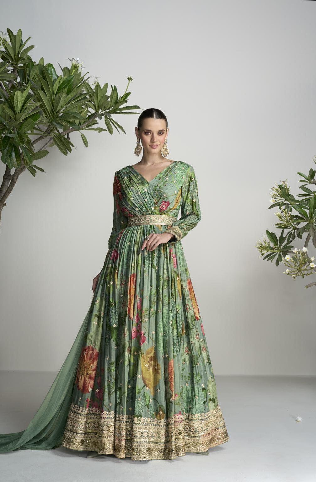 Green Color Real Chinon & Natural Creap Digital Print Dress