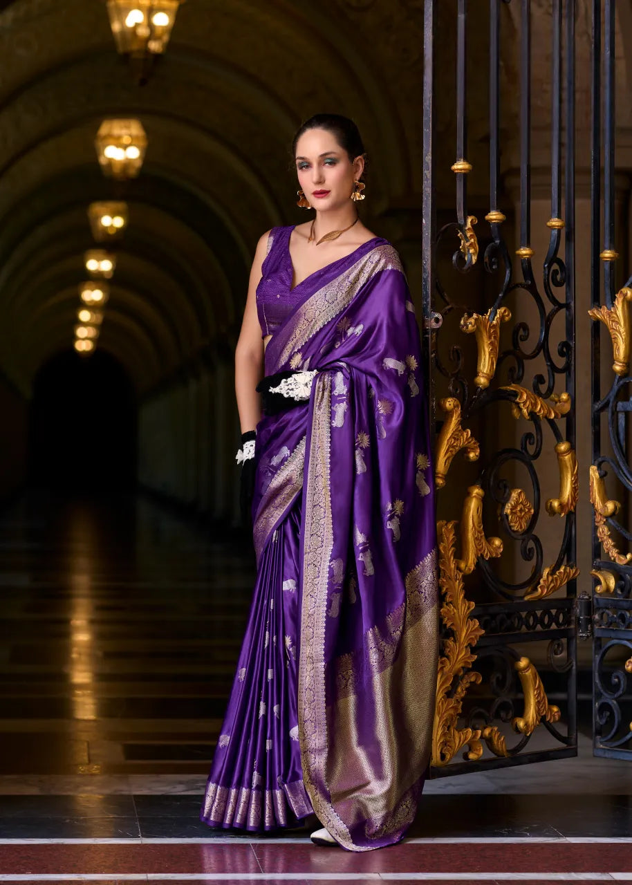 Regal Purple Satin Mungha Silk Saree with Intricate ethinic Motifs - Elegance Redefined