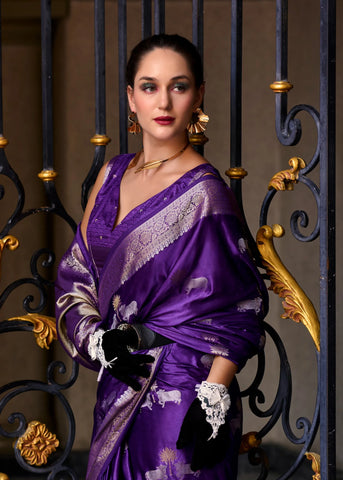 Regal Purple Satin Mungha Silk Saree with Intricate ethinic Motifs - Elegance Redefined