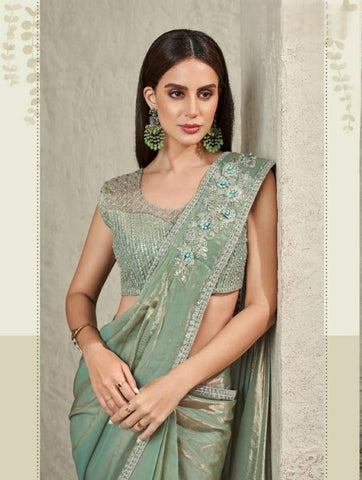 Pastel Green Embroidered Saree with Stylish Blouse | Perfect for Special Occasions