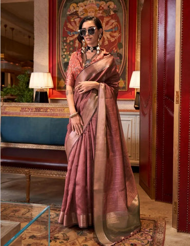 Muted Pink Handwoven Moss Chiffon With Heavy Jacquard Blouse Saree