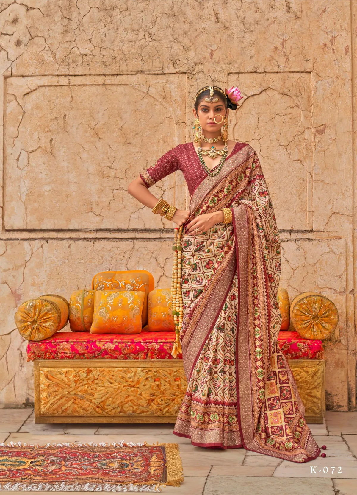 Cream Patola Polyester Silk Geometrical Design Saree