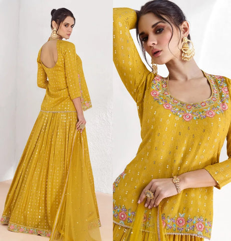 Mustard Yellow Georgette Lehenga with Floral Embroidery – Perfect for Festive Celebrations