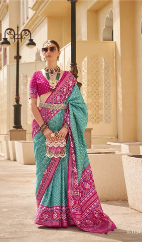 Turquoise Color Polyster Viscose Silk Shagun Patola Saree