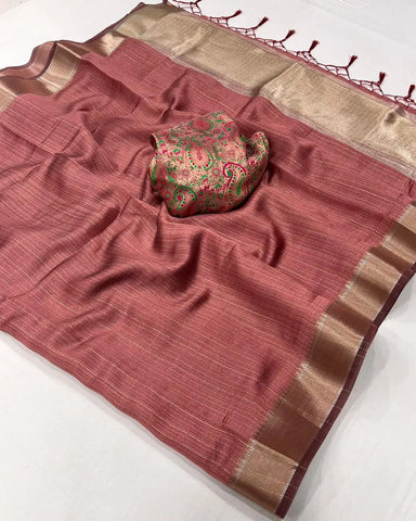 Muted Pink Handwoven Moss Chiffon With Heavy Jacquard Blouse Saree