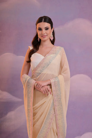 Beige Georgette Sequence Work Saree for Women