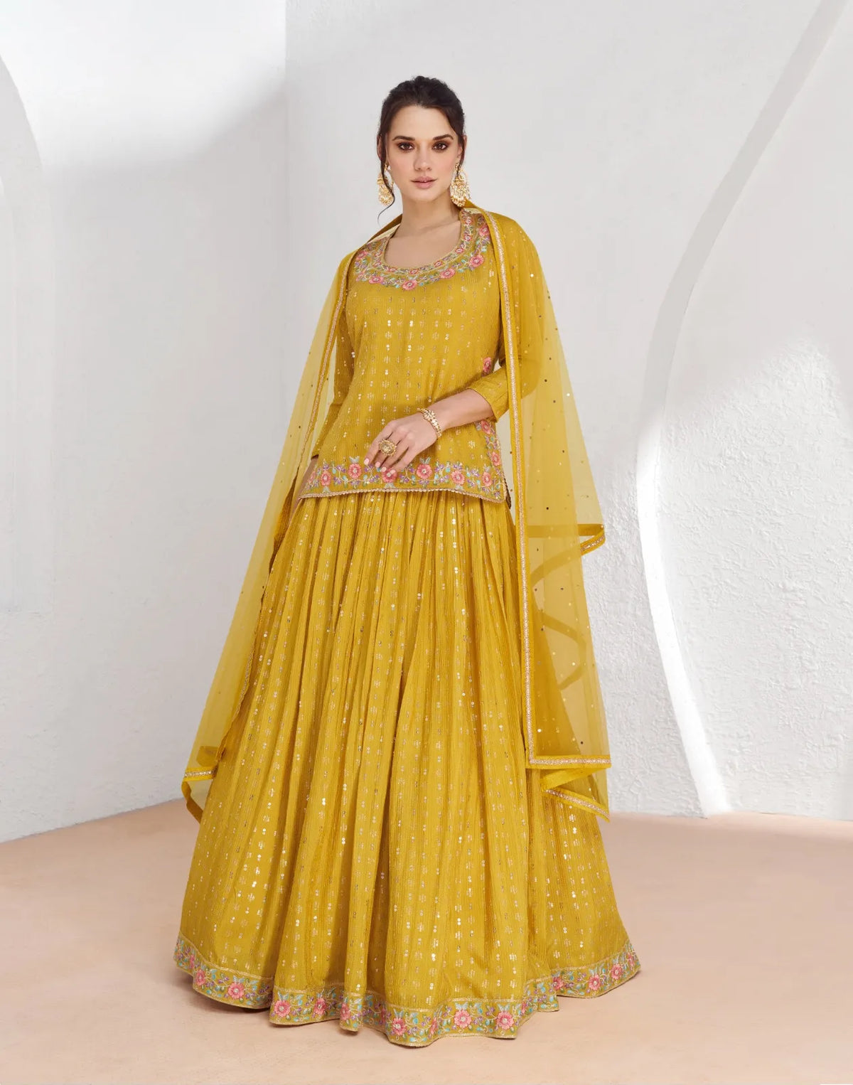 Mustard Yellow Georgette Lehenga with Floral Embroidery – Perfect for Festive Celebrations