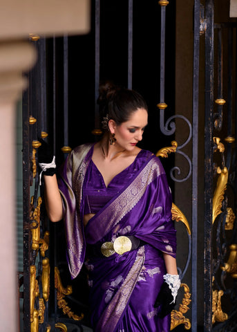 Regal Purple Satin Mungha Silk Saree with Intricate ethinic Motifs - Elegance Redefined