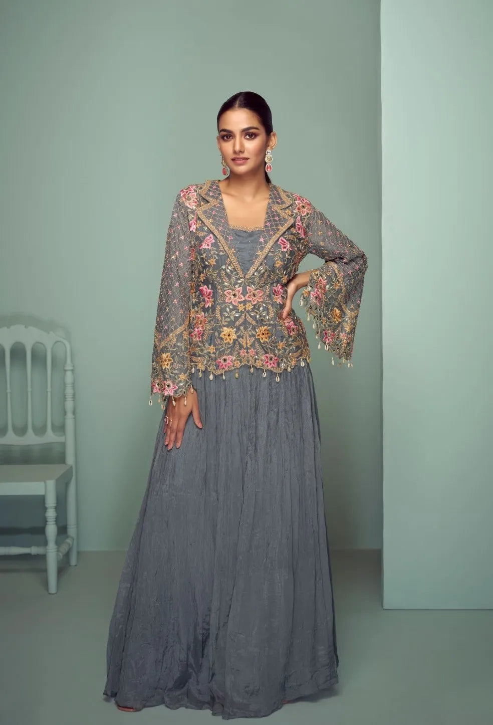 Real Chinon Grey Designer Salwar Kameez Embroidery Work With Tassel Lace