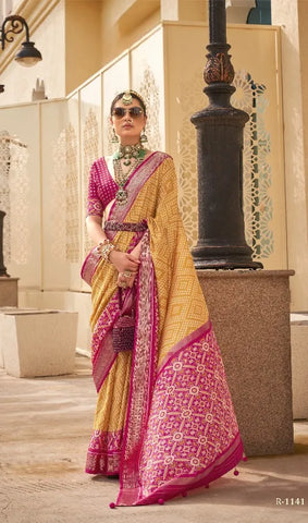 Golden Yellow Polyester Viscose Silk Shagun Patola Saree