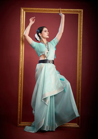 Indo Silk Blue Sarees Crafted With A Blend Of Linen And Silk Offer A Unique Combination Of Texture And Elegance