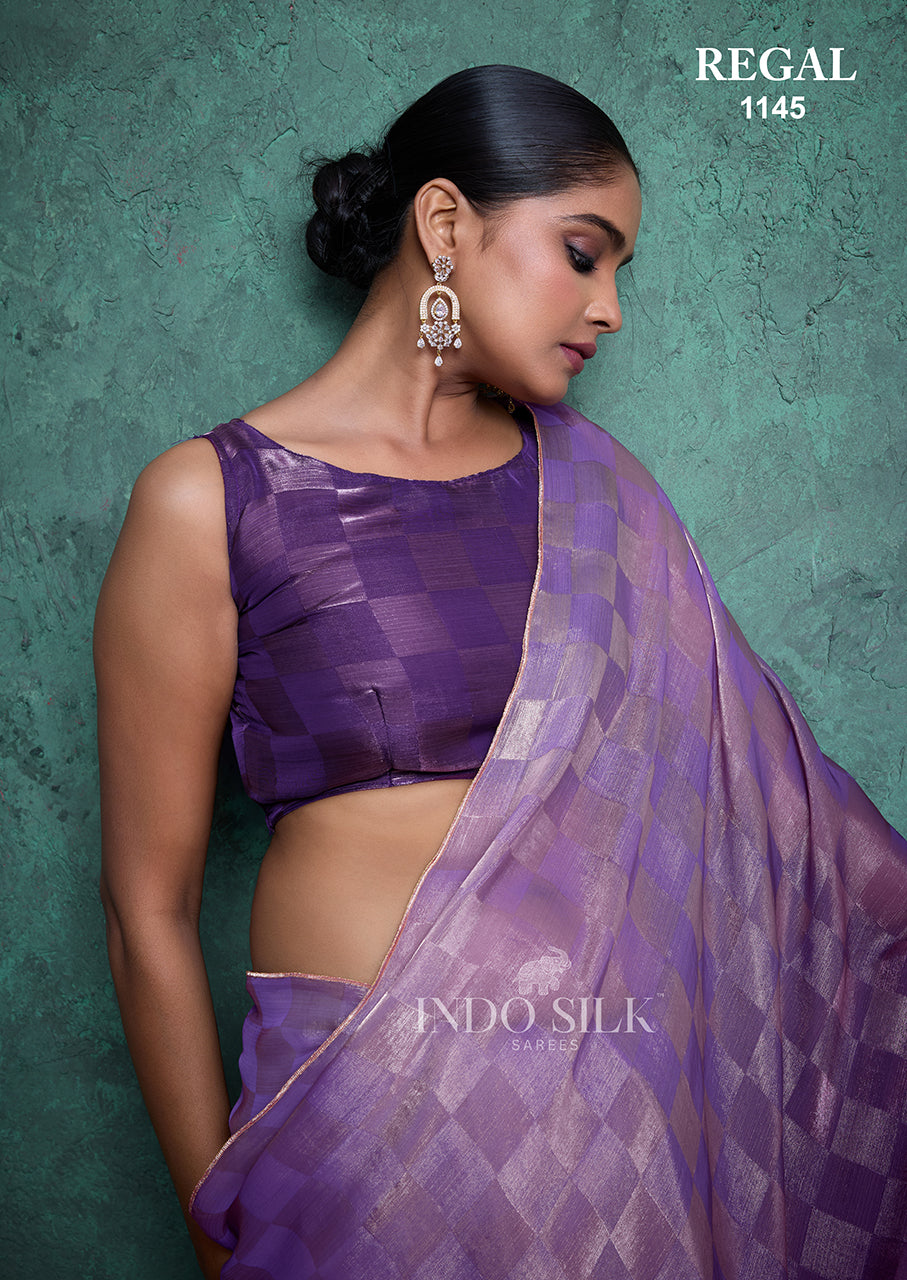 Regal 1145 Purple Fendy Satin Chex Saree – Elegant Designer Indo Silk Saree for Women