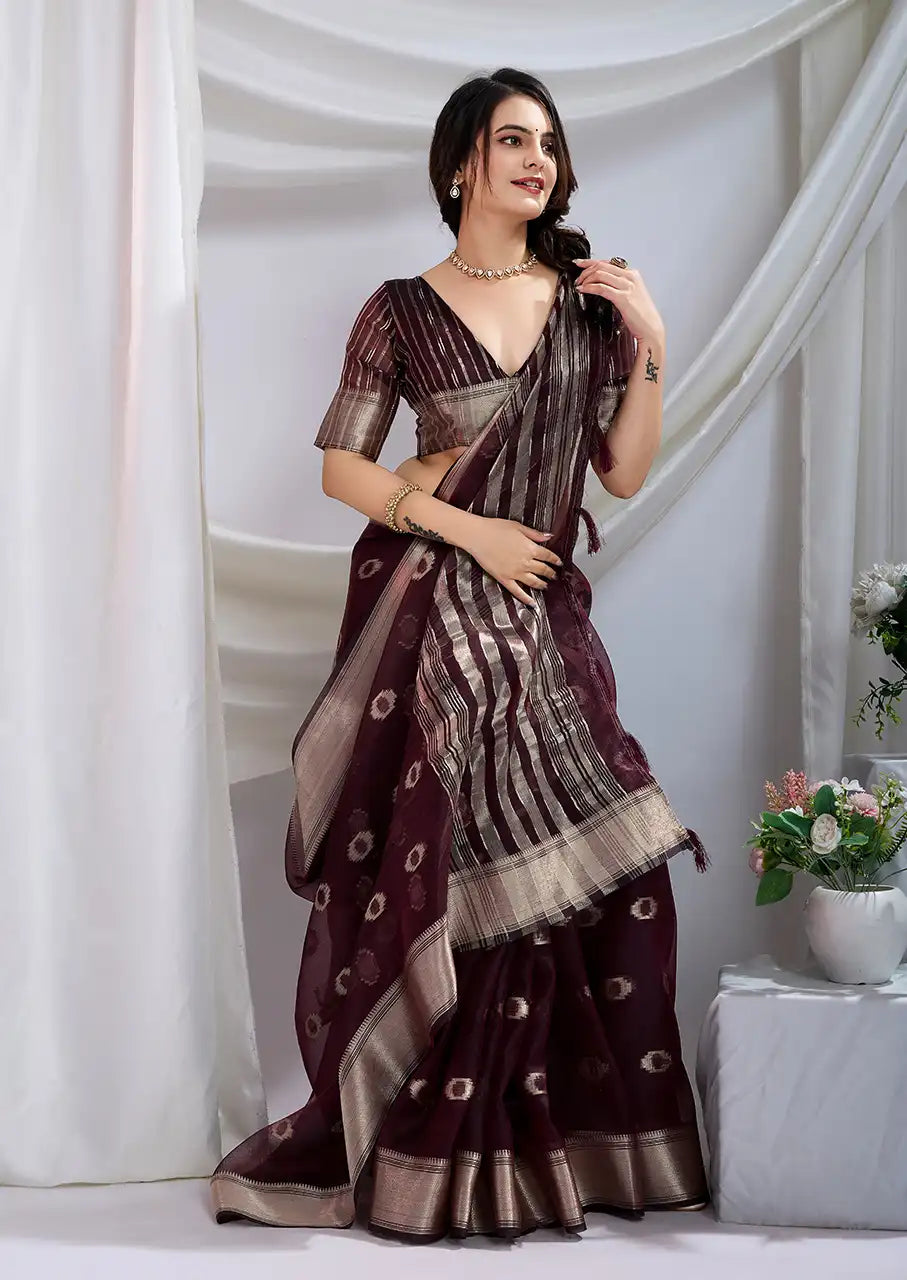 Indo Silk Deep Maroon Sarees Crafted With A Blend Of Linen And Cotton Offer A Unique Combination Of Texture And Elegance