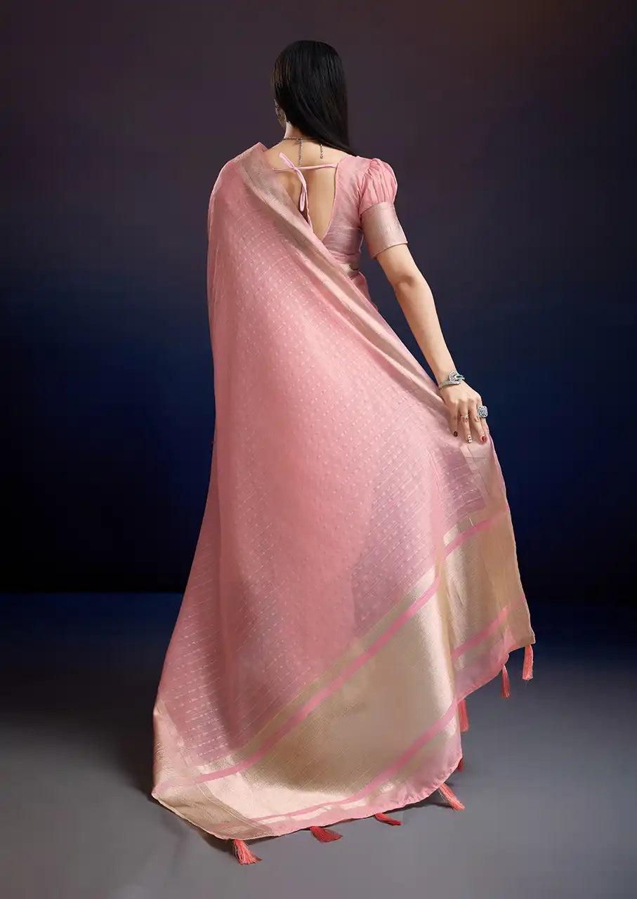 Indo Silk Blush Pink Sarees Crafted With A Blend Of Linen And Cotton Offer A Unique Combination Of Texture And Elegance