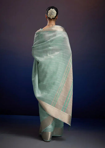 Indo Silk Mint Blue Sarees Crafted With A Blend Of Linen And Silk Offer A Unique Combination Of Texture And Elegance