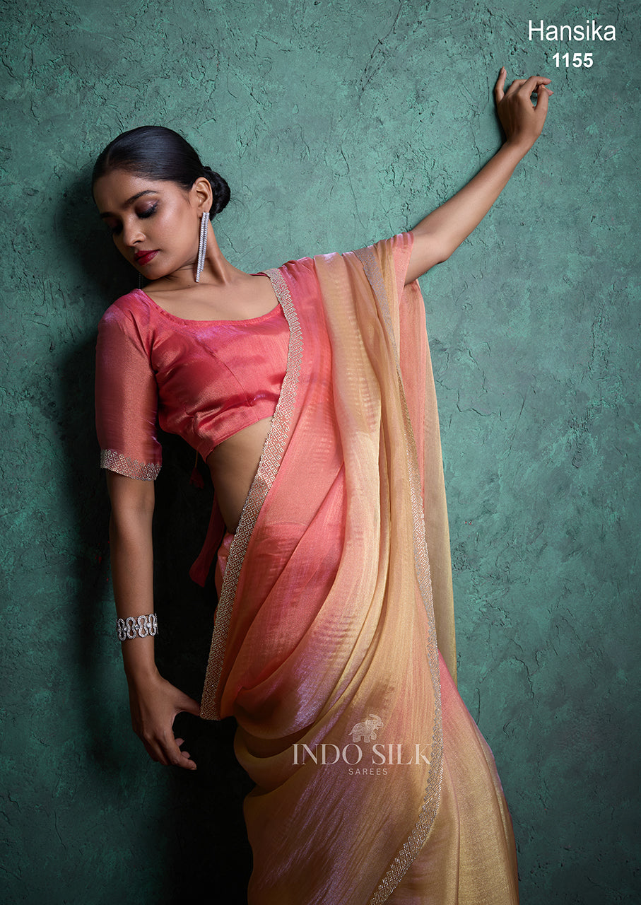 Hansika Premium Peach Gold Silk Saree with Elegant Border Work