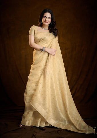 Indo Silk Golden Beige Sarees Crafted With A Blend Of Linen And Silk Offer A Unique Combination Of Texture And Elegance