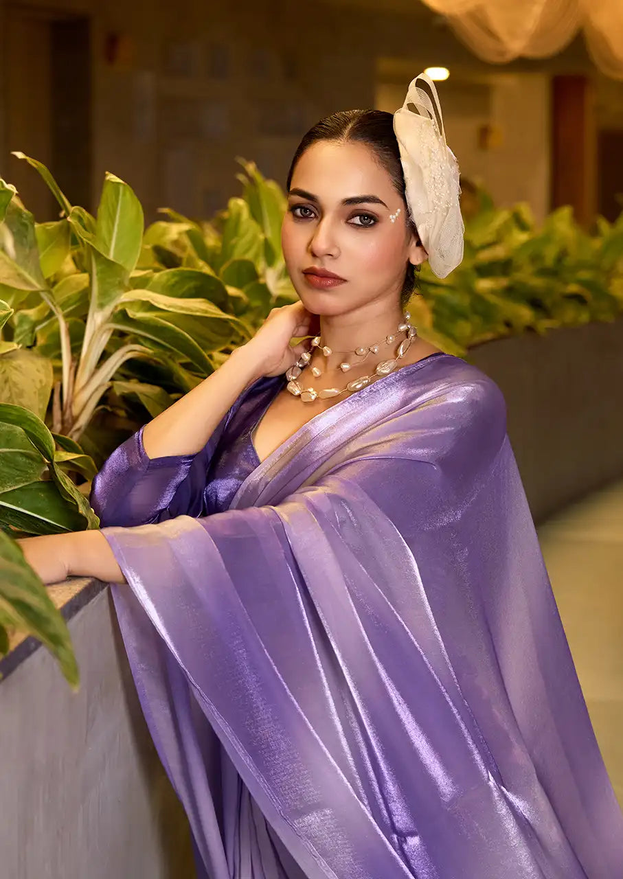 Indo Silk Lavender Sarees Crafted With Fendy Satin Blend Traditional Elegance And Modern Luxury